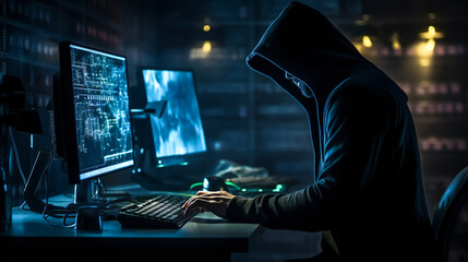 A skillful hacker working at computer