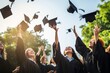 © Denis - Group of cheerful student throwing graduation hats in the air celebrating, education concept with students celebrate success with hats