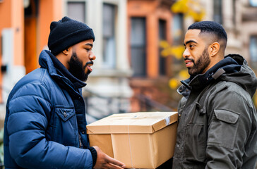 Two men warmly chatting on a city street as one hands over a delivery package during a cold winter day.