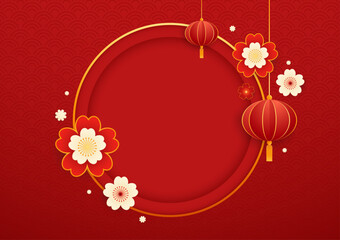 Happy Chinese new year 2024. Chinese new year banner with circle for show product. Greeting card. China frame with lantern on red background.