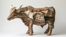 A Bull Sculpture Carved From Wood. Wooden Art Object Of An Animal With Many Age Cracks In The Wood