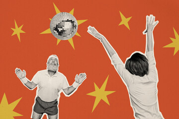 Sticker - Positive atmosphere on multi age party for different people collage artwork of dancing old man with girlfriend isolated on red background