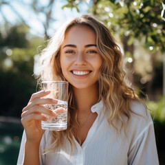 happy young girl with a glass glass of water,smiling in the street sunlight