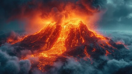 Wall Mural -  a volcano erupts lava as it erupts into the air in the middle of a cloudy sky.