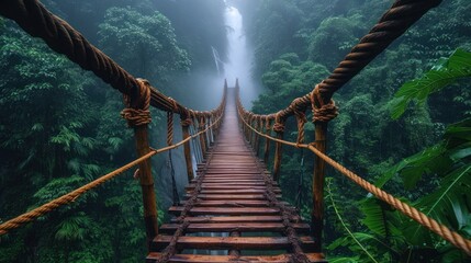 Poster -  a rope bridge in the middle of a jungle with a waterfall in the background in the middle of the picture is a foggy forest with lots of trees and a waterfall in the distance.