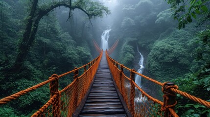 Poster -  a suspension bridge in the middle of a forest with a waterfall on the other side of the bridge and trees on the other side of the other side of the bridge.