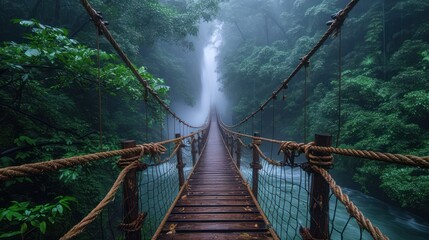 Poster -  a suspension bridge in the middle of a forest with a waterfall in the background and fog hanging from the trees on both sides of the suspensions of the bridge.