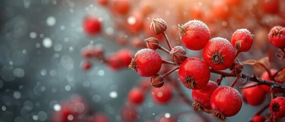 Canvas Print -  a close up of a bunch of berries on a tree branch with drops of water on the leaves and a blurry background of red berries in the foreground.