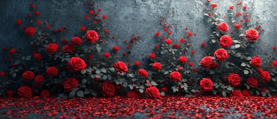 Poster -  a bunch of red roses that are in front of a wall that is covered in leaves and red flowers that are growing out of the floor to the side of the wall.