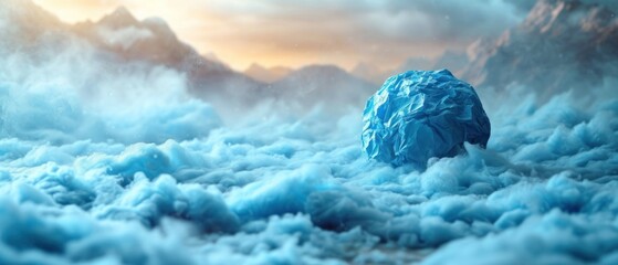 Poster -  a blue iceberg floating in the middle of a sea of blue water with a mountain range in the background in the distance is a cloudy sky filled with clouds.