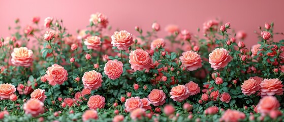 Poster -  a bunch of pink flowers with green leaves on a pink background with a pink wall in the background and a pink wall in the background with a few pink flowers in the foreground.