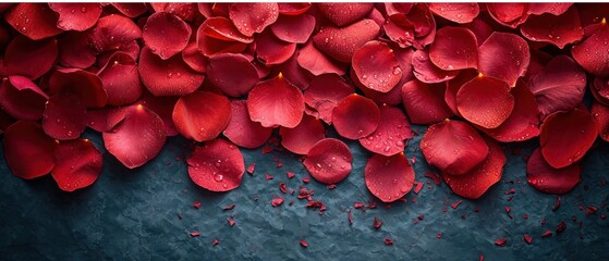 Canvas Print -  a bunch of red flowers with drops of water on them on a blue surface with a white border over the top of the image and bottom half of the image.