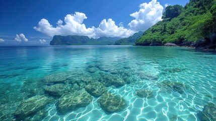 Sticker -  a body of water with rocks in the middle of it and a mountain in the distance on the other side of the water, with a blue sky and white clouds in the background.