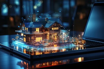 Poster - Smart home setup. A modern living space equipped with smart home devices like smart lights, tv and voice - controlled assistants. Smart home interior with augmented reality. AI generative.