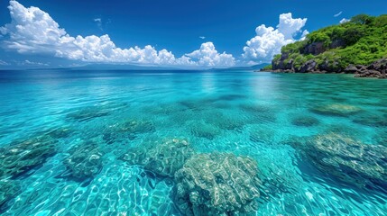 Sticker -  a body of water surrounded by a lush green hillside and a blue sky with puffy clouds above the water is a small island that sits on the other side of the water.