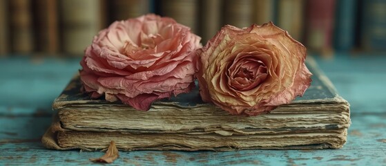 Wall Mural -  a close up of two flowers on top of an old book on a table in front of a bookshelf with old books in the background and a blue wooden floor.