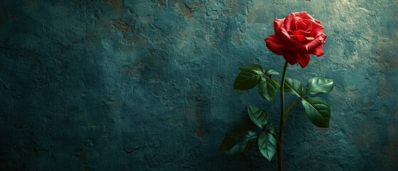 Canvas Print -  a single red rose sitting on top of a green plant in front of a blue wall with peeling paint on it's sides and green leaves on the top of the stem.