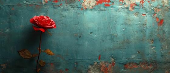 Poster -  a single red rose sitting on the side of a blue wall with peeling paint and peeling paint on the side of the wall and peeling paint peeling paint on the walls.