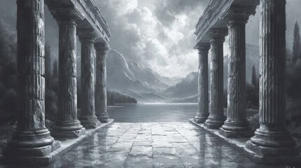 Wall Mural -  a black and white photo of an old building with columns in the foreground and a body of water in the background with a mountain range in the distance in the distance.