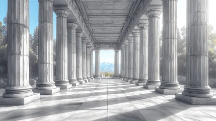 Poster -  a drawing of a long hallway with columns and a view of a mountain range in the distance with trees in the foreground and a blue sky in the background.