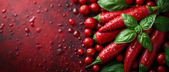 Poster -  a group of red peppers with green leaves and water droplets on a red surface with drops of water on the surface and on the top of the peppers are green leaves.