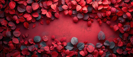 Wall Mural -  a red background with lots of leaves and a heart shaped hole in the middle of the center of the image is a red background with lots of leaves and a heart shaped in the middle.
