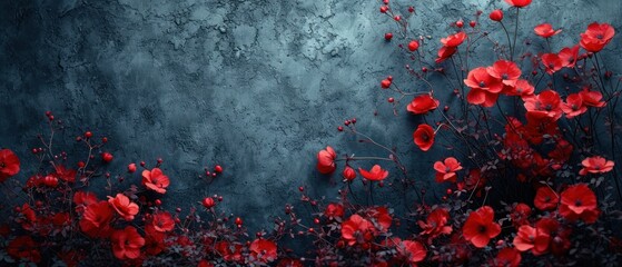 Wall Mural -  a bunch of red flowers that are on a gray wall with a blue wall in the back ground and a blue wall in the back ground with a bunch of red flowers on it.