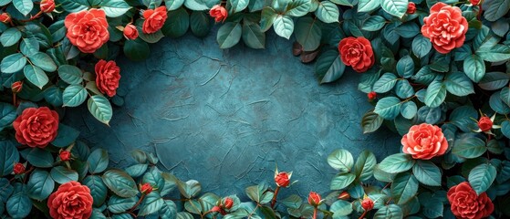 Poster -  a painting of red roses and green leaves on a blue background with a place for a text on the center of the picture is a blue background with green leaves and red flowers.