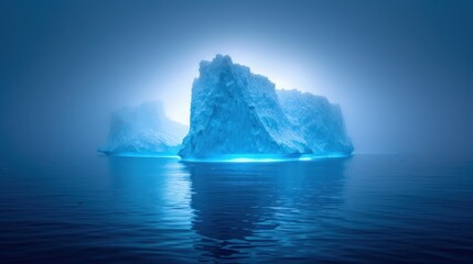 Poster -  a large iceberg floating on top of a body of water in the middle of a foggy blue sky with a bright light shining on the top of the ice.