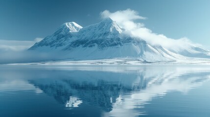 Poster -  a snow covered mountain is reflected in the still water of a lake in the foreground, with a few clouds in the sky, and a few snow - capped mountains in the background.