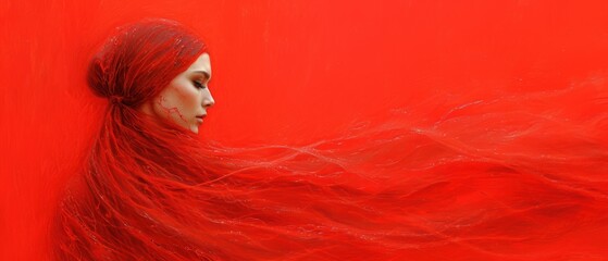 Sticker -  a woman with long red hair standing in front of a red wall with her hair blowing in the wind in front of her face and behind her is a red background.