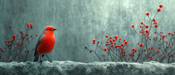 Sticker -  a red bird sitting on top of a stone wall next to a bush with red berries in front of a gray wall with water droplets on the wall behind it.