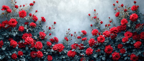 Poster -  a bunch of red roses that are on the side of a wall with leaves and flowers growing on the side of the wall and on the side of the wall.