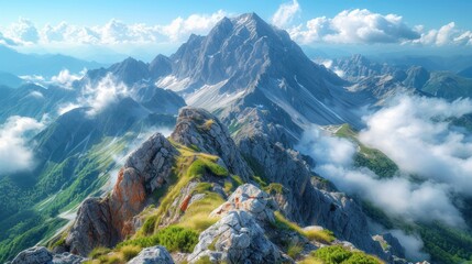 Sticker -  a view of the top of a mountain from the top of a hill with clouds and grass on the ground and in the foreground is a blue sky with white clouds.