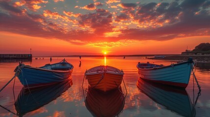 Wall Mural -  a group of boats sitting on top of a body of water under a sky filled with clouds with a sun setting in the middle of the middle of the sky.