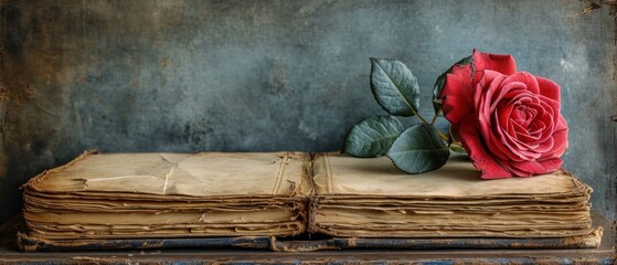 Poster -  a red rose sitting on top of a stack of old books on top of a wooden table in front of a blue wall with peeling paint peeling paint and peeling paint.