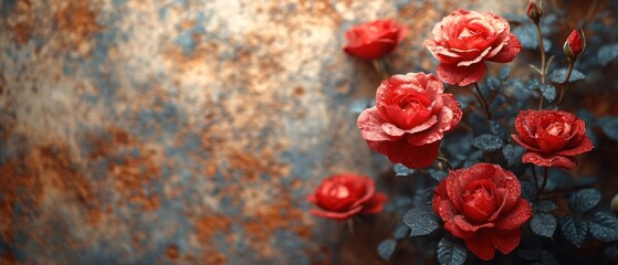 Sticker -  a bunch of red roses sitting on top of a wooden table next to a metal sheet with a rusted wall behind it and a plant in the middle of the foreground.