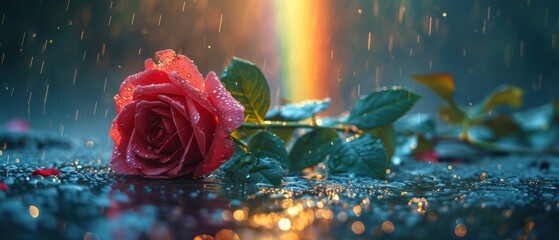 Canvas Print -  a red rose sitting on top of a puddle of water next to a green leafy plant with drops of water on the ground and a rainbow in the background.