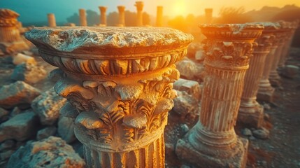 Poster -  a group of stone pillars sitting next to each other on top of a pile of rocks in the middle of a field of grass and dirt in front of a blue sky.