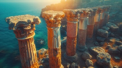 Sticker -  a group of pillars sitting on top of a cliff next to a body of water in front of a rocky cliff with a body of water and a cliff in the background.