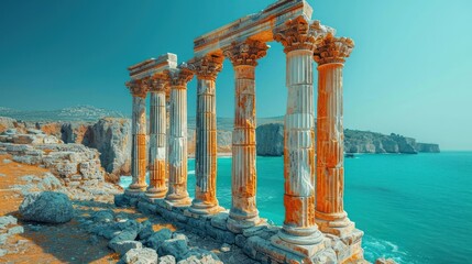 Canvas Print -  a group of pillars sitting on the side of a cliff next to a body of water with a cliff in the background and a body of water in the foreground.