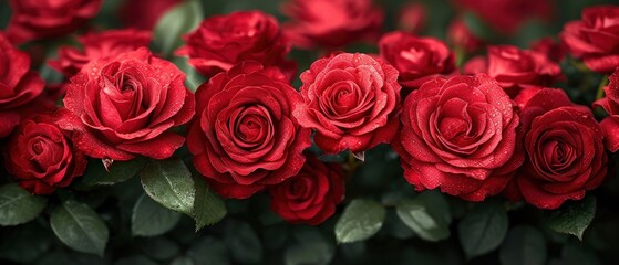 Canvas Print -  a close up of a bunch of red roses with water droplets on the petals and green leaves on the stems and in the background, there is a lot of red roses with green leaves.