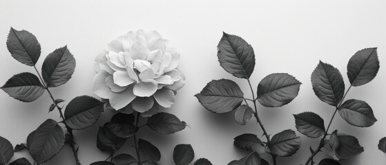 Canvas Print -  a black and white photo of a flower on a branch with leaves on a white background, with a black and white photo of a single flower on the left side.