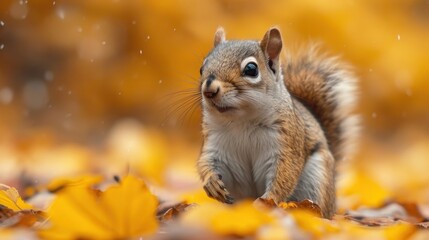 Canvas Print -  a close up of a squirrel in a field of leaves with a blurry background of yellow and brown leaves in the foreground, with a blurry foreground.