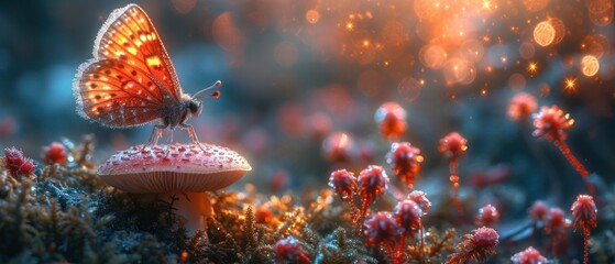 Wall Mural -  a butterfly sitting on top of a mushroom on top of a field of wildflowers in front of a bright yellow and blue sky with a light shining in the background.