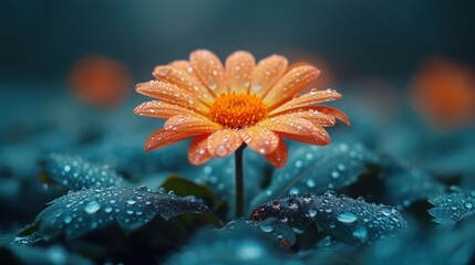 Sticker -  a close up of a flower with drops of water on it and a blurry background of blue leaves and a single orange flower in the center of the picture.