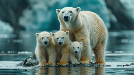 Wall Mural -  a mother polar bear with her two cubs on a rock in a body of water with icebergs in the background and a blue ice cave in the background.