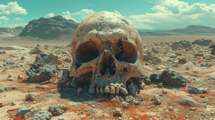 Sticker -  a skull in the middle of a desert with rocks and dirt in the foreground and a mountain in the distance with a blue sky and white clouds in the background.