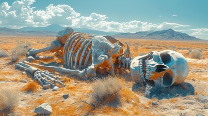 Sticker -  a skeleton in the middle of a desert with a mountain in the background and a blue sky with white clouds in the distance with a blue sky with a few clouds.