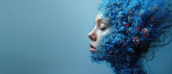 Canvas Print -  a close up of a woman with blue hair with red and blue flowers on her face and her hair blowing in the wind with her eyes closed and her eyes closed.